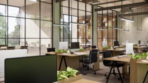 A large open office space with many windows.