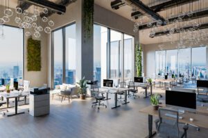 A large open office space with lots of windows.