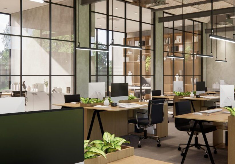 A large open office space with many windows.